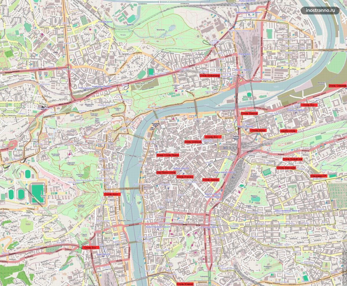 Карта праги на русском языке с достопримечательностями и отелями