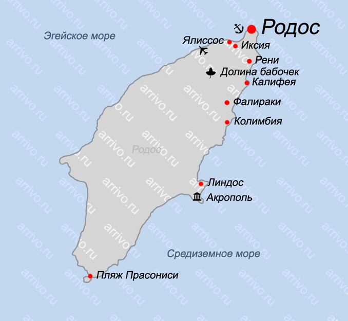Карта родоса на русском с достопримечательностями